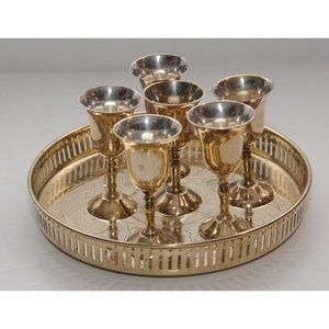 Vintage Brass Barware Round Tray Etched Designs Fancy & 6 Cordial Mugs